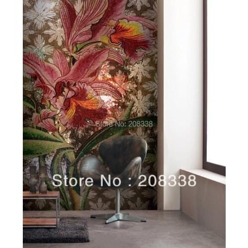 New Arrival Freeshipping Tablet Bathroom Tiles Flourished Flowers Hand Made Glass Mosaic Tile Art Wall Mural