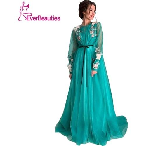 Long Sleeves Prom Dresses 2020 Muslim Dress Robe De Soiree Dubai Arabia Tulle Appliques Suknie Wieczorowe Vestidos De Noite