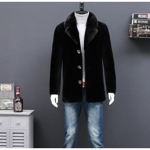 Single-breasted faux mink leather jacket mens winter thicken warm fur leather coat men slim jackets jaqueta de couro suit collar