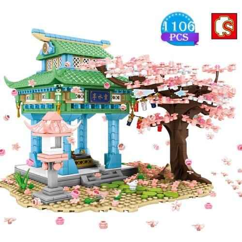 SEMBO Diy Famous Street Scene Japanese-style Cherry Blossom Building Block Pavilion Model Brick Educational Toys Girls Gifts