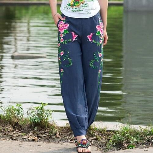 Wide Leg Harem Pants Trousers 2021 Chinese Style Trousers Women Ethnic Vintage Embroidery Elastic Waist Loose Yoga Pants 12398