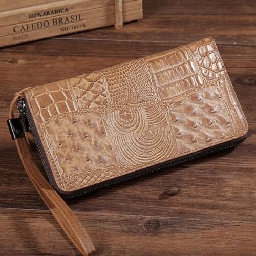 Vintage Men Genuine Leather Ostrich crocodile pattern Clutch Bag Purse Phone Cash Coin Cridet Card Holder Pack Long Wallet