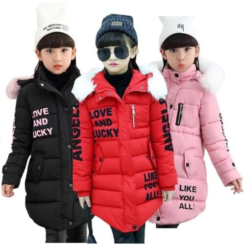 Withstand The Severe Cold Thick Keep Warm Winter Jacket For Girls Letter Hooded Kids Outerwear Teenager Long Windbreaker Coat