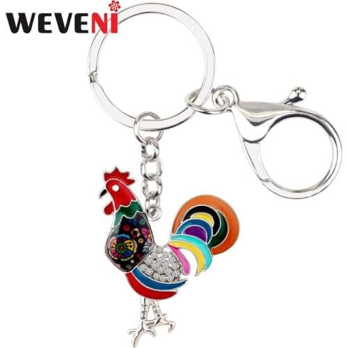 WEVENI Metal Enamel Rhinestone Floral Chicken Rooster Key Chains Key Holder Rings Jewelry For Women Girls Pendant Hot Car Bijoux