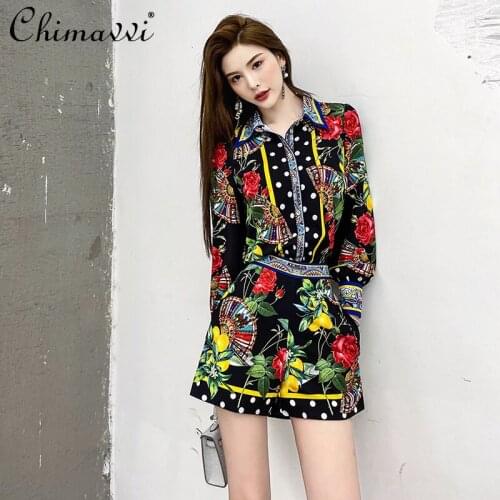 2021 Fall Women Early Autumn Long Sleeve Slimming Shirt Fashion Casual Printing Shorts Female High Street Two Pieces Short Set