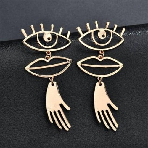 Interesting Gold Silver Color Alloy Eyes Mouth Palm Long Earrings For Women Unique Design Charm Bohemia Earrings Jewelry Gift
