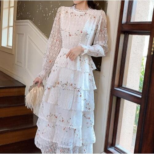 2021 New pring Summer Pink Lace Embroidery Maxi Dress Female Full sleeve high waist Ruffle elegant Long party dresses Woman