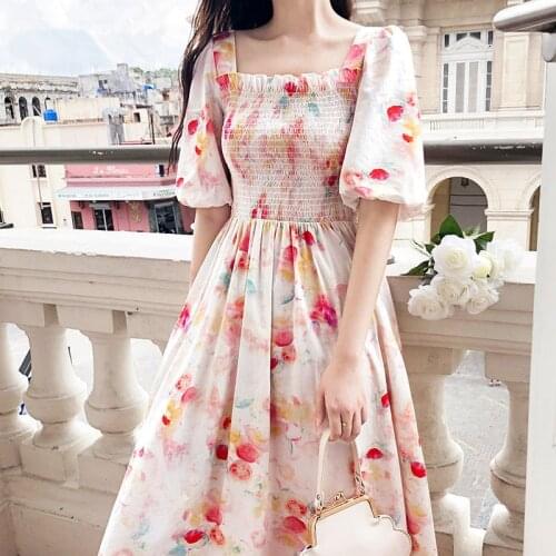 Bella 2020 new summer short-sleeved mid-length dress Vintage Print floral women party dress casual vacation sweet Boho Vestidos