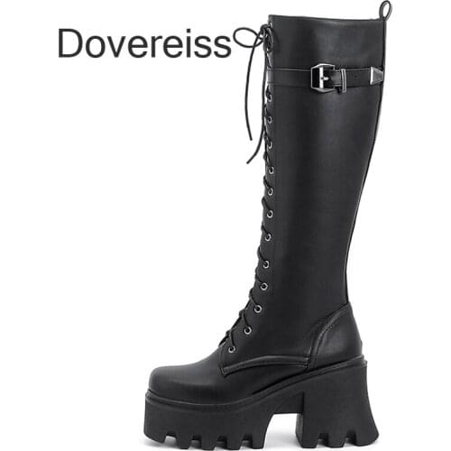 Dovereiss Winter New Fashion Sexy Cross Lacing Goth Round Toe Chunky Heels Knee High Boots Matin Boots 40 41 42 43