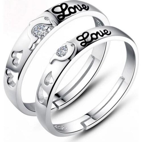 100% 925 sterling silver romantic love letter crystal love heart lovers`rings adjustable finger ring jewelry gift drop shipping
