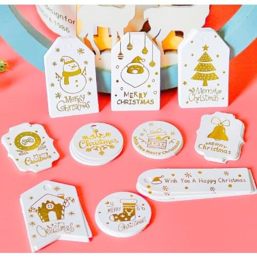 200sets DIY Merry Christmas Gift Tags Gold Stamping Santa Claus Tree Hang Tag New Year Party Favor Packaging Labels with String