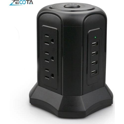 Tower Multiple Power Strip Vertical Surge Protector 9 AC US Plug Sockets Outlets with 4 USB Double Pole Switch 2m Extension Cord