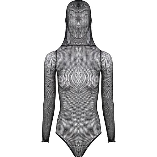 Gothic Sexy Black Women Full Face Long Sleeves Shiny See-Through Net High Cut Jumpsuit Bodysuit Lingerie Underwear