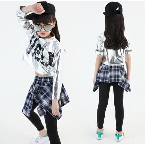 Children Girl boy Hip Hop Jazz Costume Modern Ballroom Dance Wear Short Long Sleeve Shirt Top Check Pantskirt Culottes