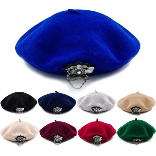 Bonnets Beret hat women wool solid color beret Medal decoration retro plain beret hat warm hat elegant ladies winter hat