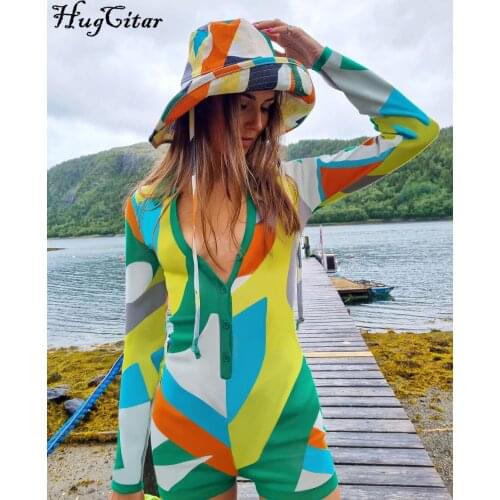 Hugcitar 2021 Summer Fall Women Fashion Tie Dye V Neck Long Sleeves Single Button Bodycon Slim Playsuit Sexy Y2K Streetwear
