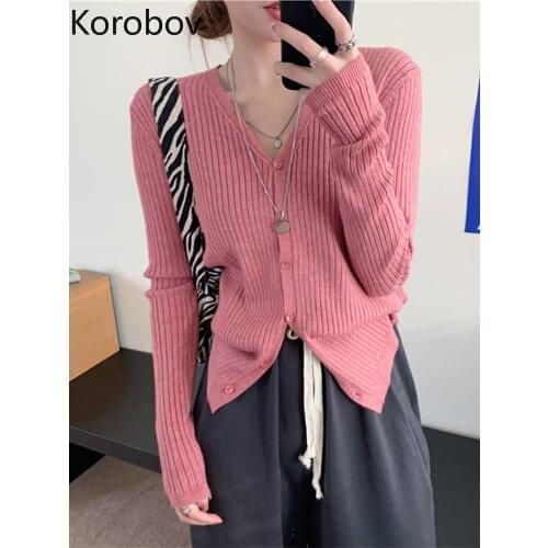 Korobov Korean Chic V Neck Knitted Cardigans Autumn Winter Vintage Solid Long Sleeve Sweaters 2021 New Button Sueter Mujer