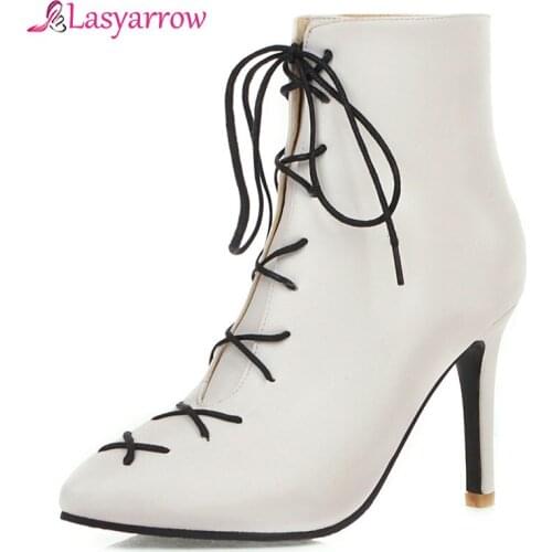 Lasyarrow Plus Size 31-48 Pointed Toe Black Shoes Women Boots Female Thin High Heels Shoelaces Party Boots Woman Shoes J1098