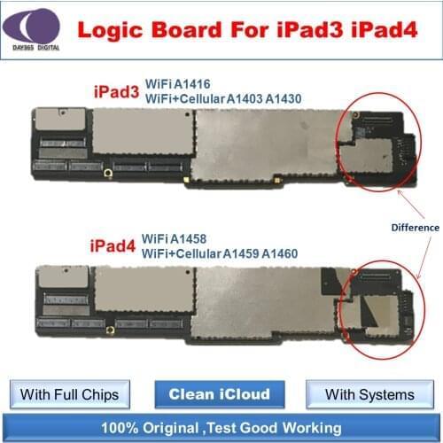 ICloud free Unlocked Motherboard for iPad 3 A1416 A1430 A1403 Logic Boards for iPad 4 A1458 A1459 A1460 WiFi Cellular version