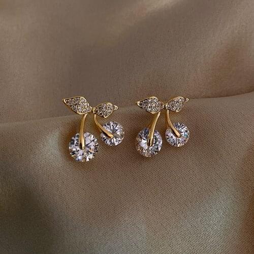 Cute Female Crystal Cherry Stud Earrings Charm Gold Color Wedding Earrings For Women Dainty White Zircon Small Earrings