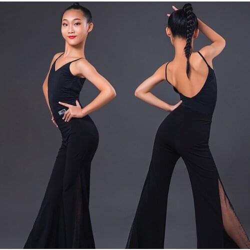 Fashion Latin Dance Costumes Black One-Piece And Pants Suit Latin Practice Dress Children Cha Cha Rumba Samba Latin Wear DQS5429