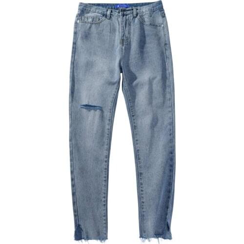 Summer 2020 washing mens pants knee hole beggar cowboy pants Korean trendy students pants feet pants jeans straight jeans