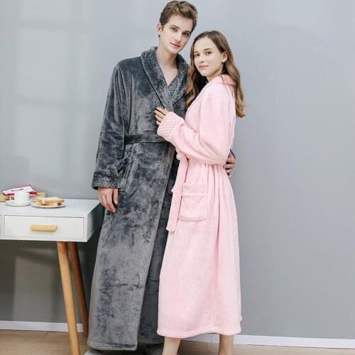 Autumn and winter flannel stitching womens mid-length plus size thickening pajamas for men women couple bathrobe