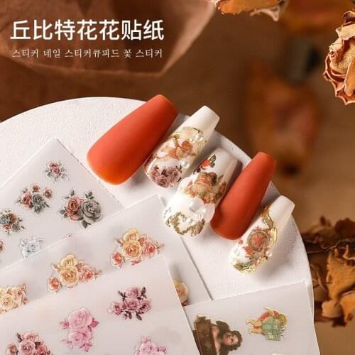 Angel Flower Pattern Nail Stickers Cupid Self-Adhesive Transfer Decals Slider 3D DIY Tips Nail Art Decorations Manicure Wrap