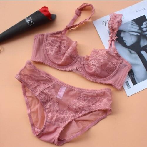 Underwear feminine large size lingerie and underpants set ultra-thin transparent lace bralette non-breasted plus size bra set
