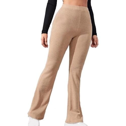2021 New Autumn Women Pants Solid Color Knitted Summer High Waist Pants Women Full Length Flared Trousers Sports