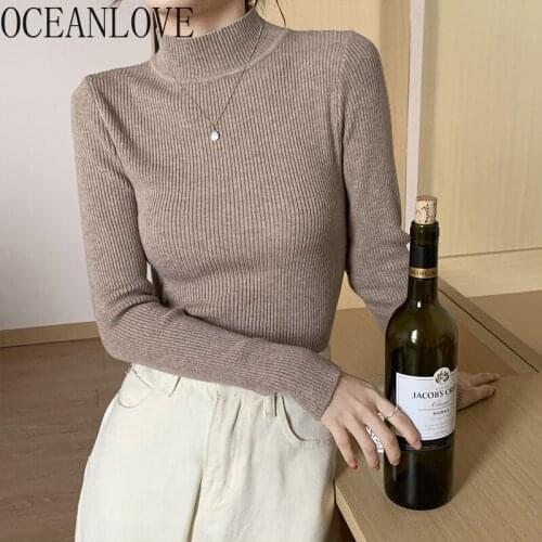 OCEANLOVE Half High Collar Pull Femme Solid All Match Casual Basic Vintage Women Sweaters Korean Fashion Autumn Winter Pullover