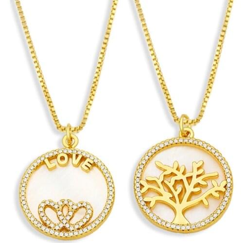 FLOLA Shell Round Double Heart Necklace For Women Gold Plated Tree Of Life Pendant Necklace CZ Rhinestone Jewelry Gifts nkev50