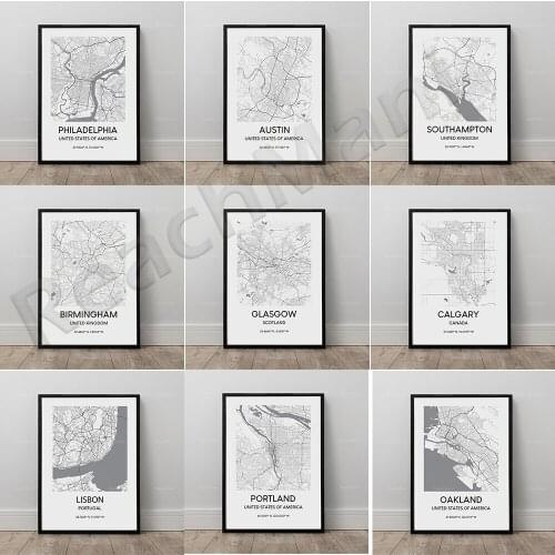 Map poster, Southampton, Brighton, Birmingham, Philadelphia, Los Angeles printable city map wall art poster American travel blac