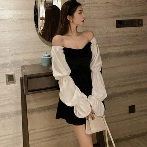 Dress Women Long Sleeve Sexy Puff Sleeve Mini One-piece Women Dresses Defined-Waist Off Shoulder Ladies Patchwork Korean Style