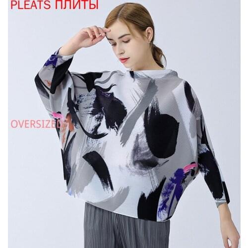 Pleated Abstract Printed T-shirt Summer MIYAKE Stand Collar Loose Batshirt Ink Painting Girls Thin Top Spring and Autumn