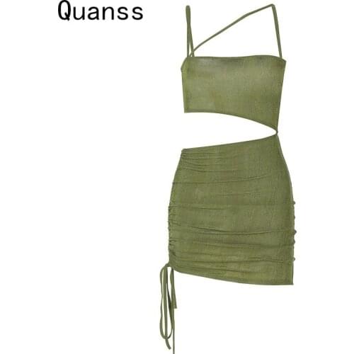 Quanss Side Cut Out Sexy Bodycon Nightclub Dress Women 2021 Summer Streetwear Green Drawstring Party Y2K Mini Dresses