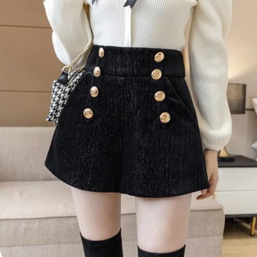 Fall Winter Bright-Silk Woolen Shorts for Women High Waist Double Breasted Slim Wide Leg Short Mujer Fashion Korean Black Shorts