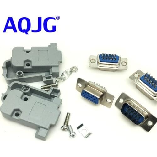 10Pcs DB15 Welded Connector VGA plug serial port DB15 adapter 3 row foot D Sub male Solder Connector + Plastic Assemble Shell