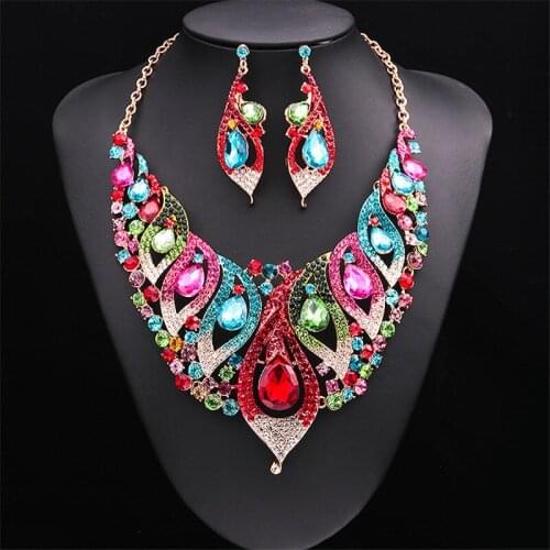 African Beads Jewelry Sets Big Rhinestone Water Drop Statement Necklace Earrings Set Classic Indian Crystal Bridal Jewelry Set