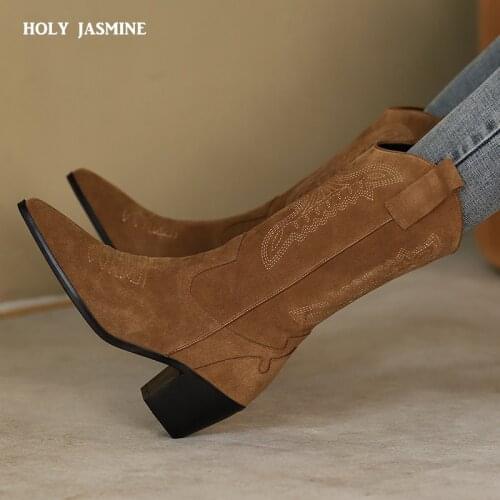 Retro Western Cowboy Boots for Women Pointed Toe Womens Shoes Brand Embossing Suede Leather Shoes Mid-calf Chunky Wedges Boot