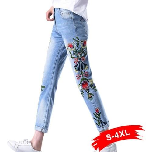 Summer Floral Embroidery Ankle Length Jeans Women Light Blue Denim Pants High Waist Plus Size Straight Jeans