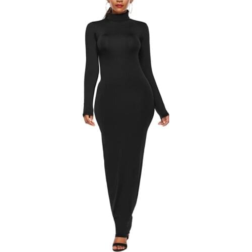 Women Wrap Fashion Black Maxi Dresses Casual Solid Long Sleeves High-Neck Bodycon Dress Ladies Office Holiday Party Dresses