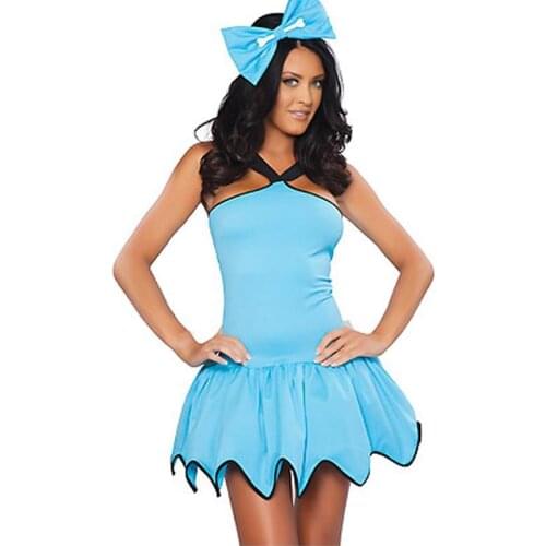 Flintstones Rubble Cavegirl Womens Fancy Dress Light Blue Gear Hem Womens Costume Ladies Halloween Cave Cosplay W292710