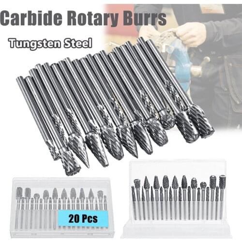20pcs Solid Carbide Rotary Burrs Drill Bit Tungsten Steel Double Cut Grinder Shank Rotary File