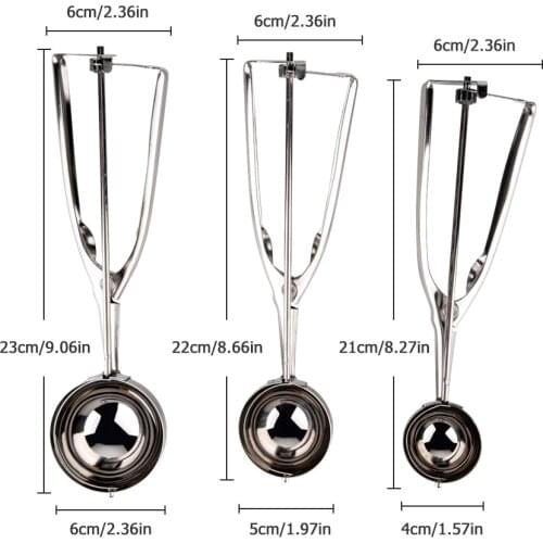 3pcs/set 3 Size Stainless Steel Ice Cream Scoop Stack Spoon With Trigger Cookie Spoons Handle Fruit Baller Kitchen Tools Set