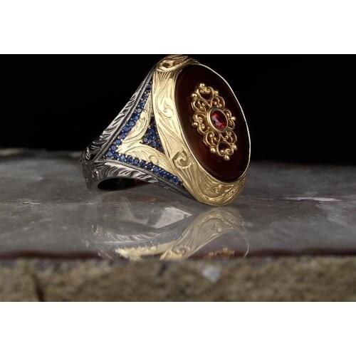 Agate Stone Pen İşçilikli Lapping Finish 925 Sterling Silver Men 'S Silver Ring