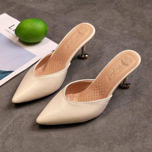 Glossy Leather High Heels Mules 2021 Summer Women Slippers Sandals Pointed Toe Slides Party Shoes New Shoes Without Heels