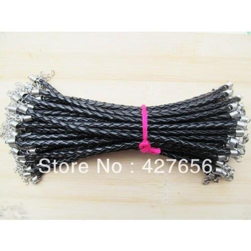 100pcs 4mm Black Faux Braid Leather Bracelet Cord,1.8inch Extender Chain,12x7mm Lobster Clasp,DIY Accessory Jewelry Making
