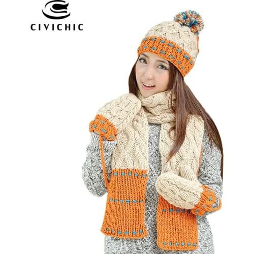 CIVICHIC Korean Stylish Warm Gift Lady Knit Hat Gloves Scarf Set Color Stitch Shawl Thicken Pompon Beanies Velvet Mittens SH189