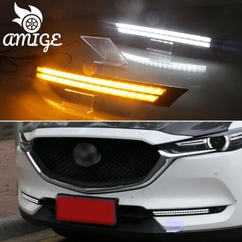 DNO LED Daytime Running Headlamps For Mazda CX-5 CX5 2017 2018 2019 Dynamic Daylights Yellow Turn Signal Car DRL Foglamp